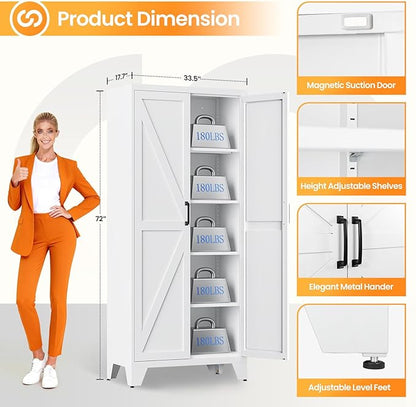 Metal White Storage Cabinet with 2 Doors and 4 Adjustable Shelves,72" Tall Kitchen Pantry cabinets,Farmhouse Food Pantry Cabinet,5 Tier Freestanding Barn Door Cupboard for Kitchen Dining/Living Room