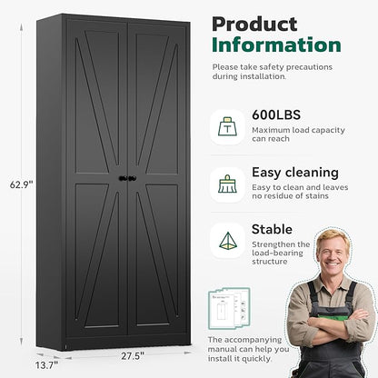 Greenvelly Metal Cabinet, 63" H Black Metal Storage Cabinet with Doors and 4 Shelves, Pantry Storage Cabinet for Kitchen, Bedroom, Living Room, Office (Farmhouse)