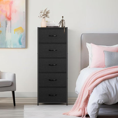 MOOACE 5 Drawer Dresser for Bedroom, Tall Fabric Storage Drawers, Tower Organizer Unit Chest of Drawers with Wooden Top for Closets Living Room Hallway Entryway, Metal Frame, Black