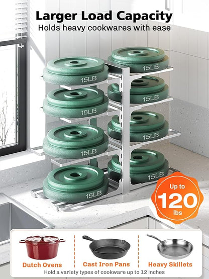 MUDEELA 8-Tier Pots and Pans Organizer under Cabinet, 15.83" Height Heavy Duty Pot Pan Organizer Kitchen Cabinet Organization and Storage, Adjustable Pot Rack for Frying Pan, Cast Iron Skillet, Sliver