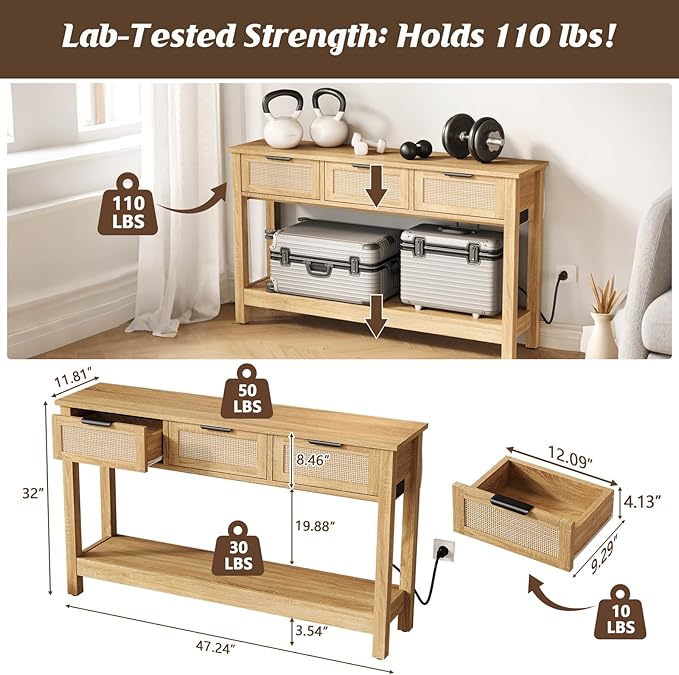 Luoxiao 47" Console Table with Charging Station & USB-C, Slim Entryway Table with 3 Rattan Drawers, Narrow Sofa Table Behind Couch for Living Room, Hallway, Foyer, Modern Wood Entry Table, Natural