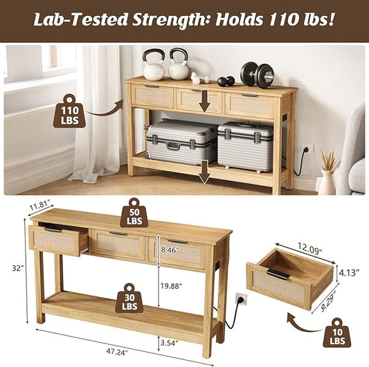 Luoxiao 47" Console Table with Charging Station & USB-C, Slim Entryway Table with 3 Rattan Drawers, Narrow Sofa Table Behind Couch for Living Room, Hallway, Foyer, Modern Wood Entry Table, Natural