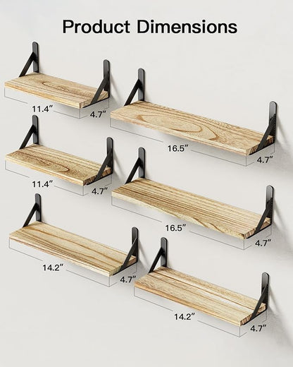 AMADA HOMEFURNISHING Wall Shelves Set of 6, Rustic Farmhouse Style, Wood Floating Shelves for Wall Decor, Bathroom & Bedroom Storage, Living Room Book Shelves, 6pcs