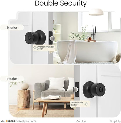 HOSOM Privacy Door Knob with Lock, Matte Black Door Knob Set, Black Door Handles Interior, Keyless Doorknobs Interior Door Lock for Bedroom, Bathroom, 1 Pack