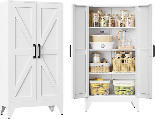 Metal White Storage Cabinet with 2 Doors and 3 Adjustable Shelve,47.3" Tall Kitchen Pantry cabinets,Farmhouse Food Pantry Cabinet,4 Tier Freestanding Barn Door Cupboard for Kitchen Dining/Living Room