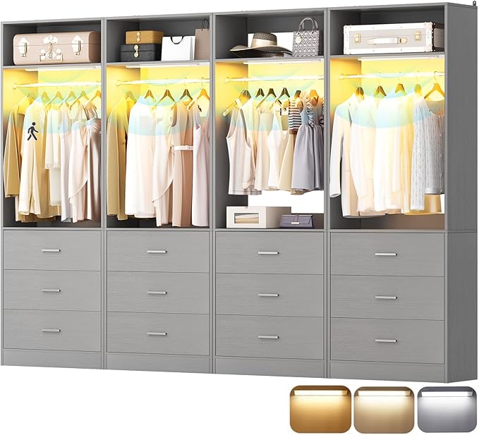 8FT Closet System with 4 Motion Sensor LED Lights, 96" Closet Systems with 12 Drawers, Closet Organizer System with 4 Hanging Rods & 4 Shelves, Heavy Duty 96 Inch Walk-in Closet, Grey