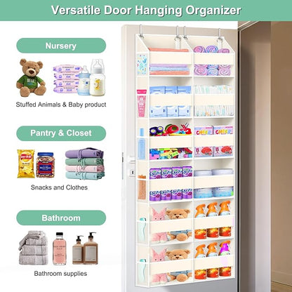 Heavy Duty Over The Door Organizer 6 Tiers, Extra Large Behind Door Storage of 12 Big Front & 12 Mesh Pockets, 80lb Weight Capacity, Hanging Doors Storage Organizer for Closet Bedroom Nursery, Beige