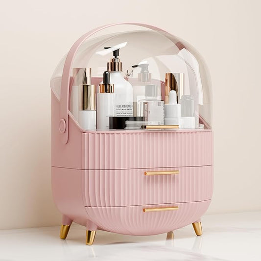 Makeup Organizer for Vanity Cosmetics Skincare Organizers with Lid and Drawers Display Cases for Countertop (Pink) | for Vanity, Organizers, with Lid, and Drawers, for Countertop