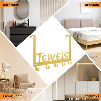 Over The Door Hook, Towel Hook for Bathroom, Towel Hanger Door Rack with 5 Coat Hooks, Over The Door Hanger Towel Rack for Bathroom, Bedroom Towels Coats(Gold)
