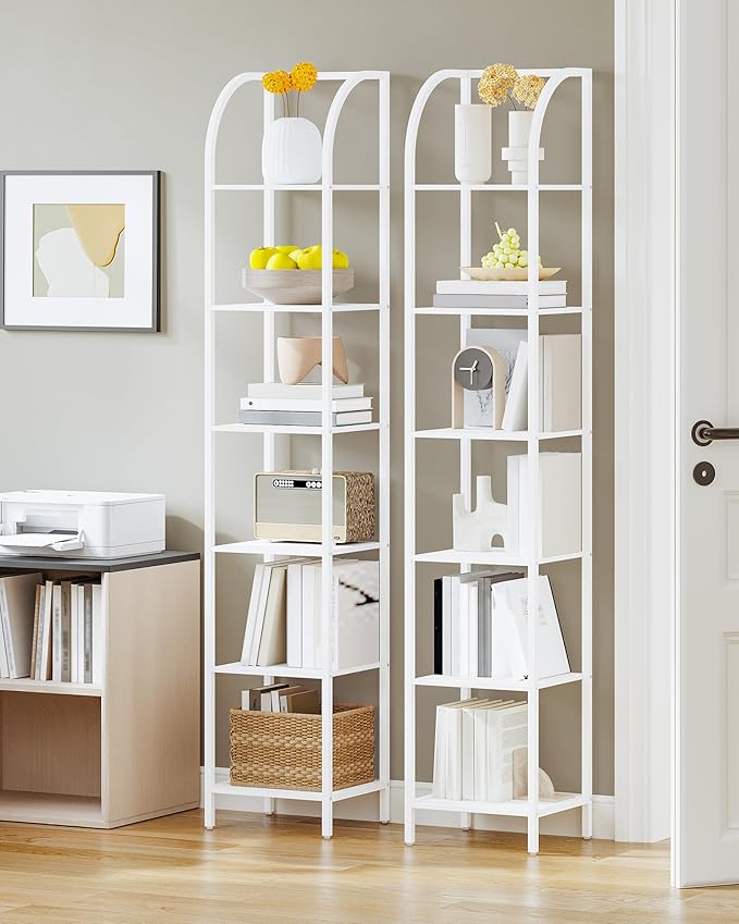 Bookshelf Narrow Bookcase, Tall Storage Rack with Steel Frame, Display Standing Shelf Unit, Skinny Book Shelf for Study Living Room Home Office, Industrial Style, 6-Tier White BC56013W