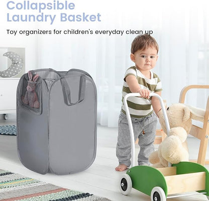HOUSE AGAIN Upgraded Pop Up Hampers for Laundry, Collapsible Laundry Basket with Durable Handles & High Carbon Steel Frame, Wide Opening, Solid Bottom and Side Pocket for Clothes and Storage(Grey)