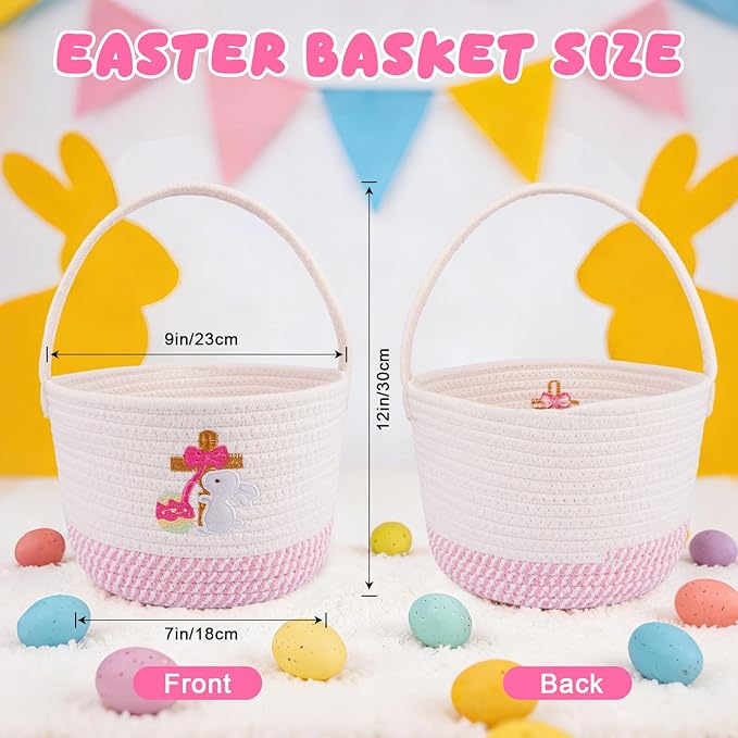 Baby Easter Basket & Gift Basket - Pink White Cross Bunny Woven Cotton Rope Basket with Handle, Empty Egg Hunt Basket for Girls, Boys, Toddlers