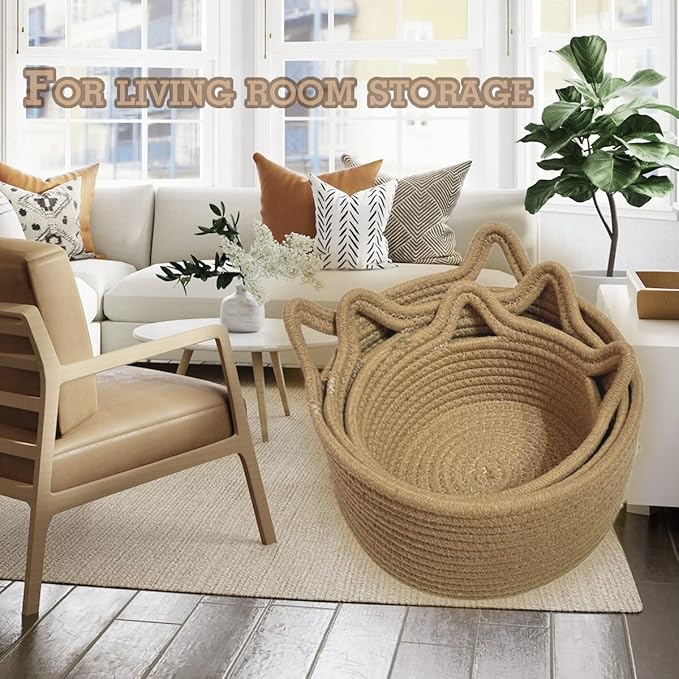 Small Woven Baskets | Mini Storage Bins | Cotton Rope Baby Nursery Organizers | Cute Round Cat Ears Basket for Organizing Desk Decor Kids Toy Dog Cat Baby Girls Gifts-Set of 3(Beige)