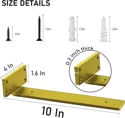 Shelf Brackets Heavy Duty Industrial L Shelf Bracket - 0.2 Inch Thick Premium Solid Steel Shelf Supports, Gold Rustic Wall Brackets for Shelves - 10 Inch Floating Shelves Hardware (6Pcs)