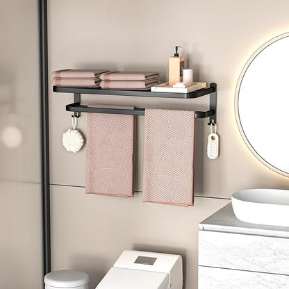DDS-DUDES 23 Inch Bathroom Towel Rack Towel Shelf with Double Towel Bars Lavatory Wall Mount Holder with Hooks Stainless Steel Hotel Bath Rack (Matte Black)