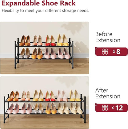 Tajsoon Expandable Shoe Rack for Closet 2 Tier, 28“-41“ Adjustable & Stackable Shoe Shelf Storage, Metal Shoe Rack Organizer for Front Door Entrance, Closet, Garage, Entryway, Black