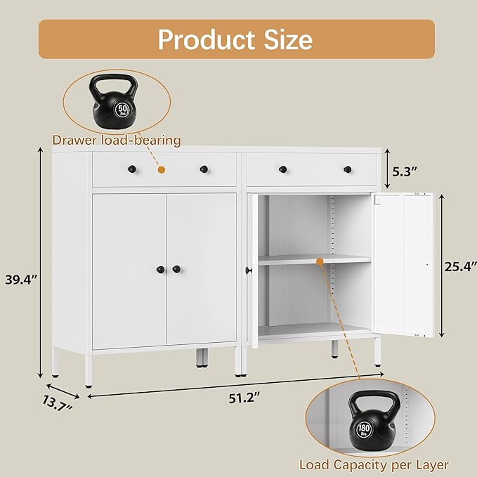 Metal Storage Cabinet with Drawer and Adjustable Shelf, 2-Piece Set White Steel Sideboard Buffet Cabinet, Coffee Bar Cabinet for Kitchen, Dining Room, Entryway