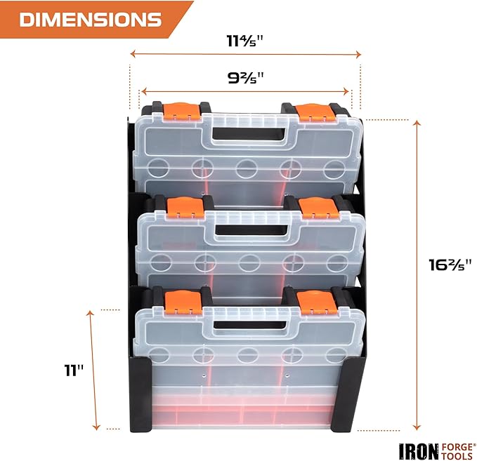 Iron Forge Tools Small Parts Tool Organizer, Service Truck, Cargo Van Shelving- Metal Wall Mount Rack & 3 Hardware Storage Bin Nuts and Bolts Boxes