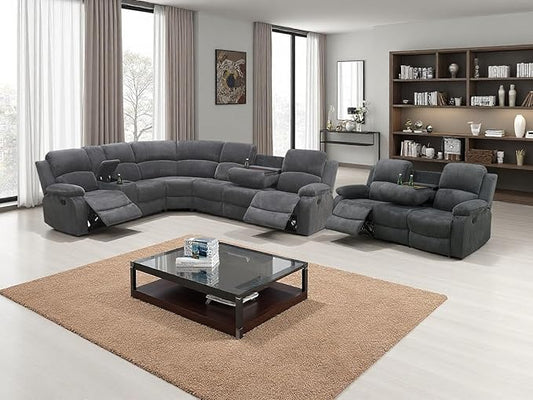 Living Room Furniture Sets, Recliner Sectional Sofa with Cup Holders, Grey Corduroy Reclining Sectional Sofa Set with Drop-Down Table, Storage Console for Living Room, Bedroom, Apartment