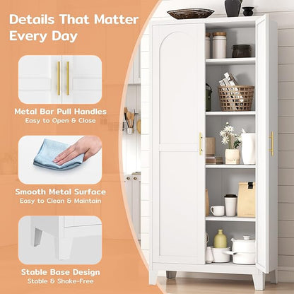 71'' Tall Metal Pantry Cabinet with 2 Doors, Freestanding Kitchen Storage Cabinet with 4 Adjustable Shelves, Steel Cupboard for Kitchen, Pantry, Dining Room, Living Room, Bathroom, White