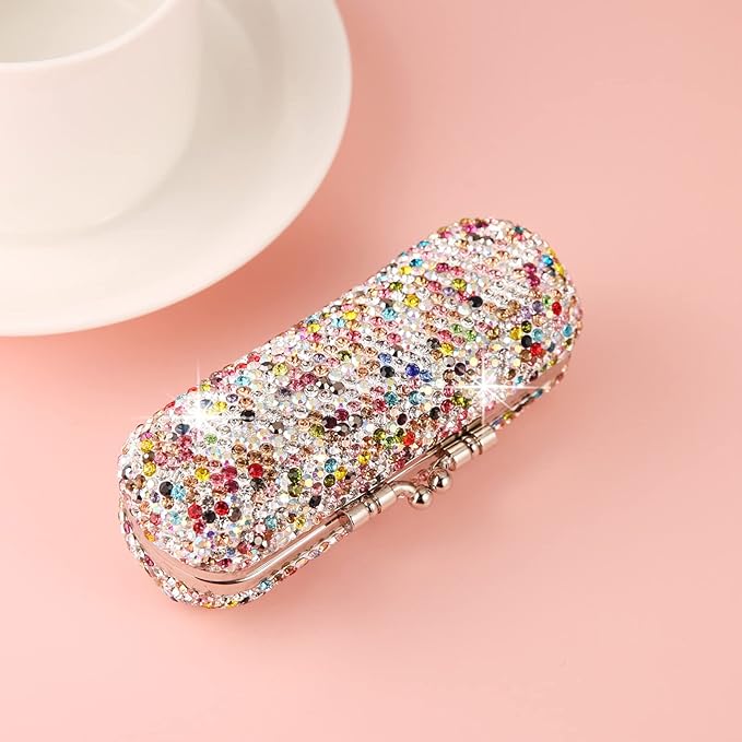 AsAlways Shiny Rhinestone Crystal Portable Lipstick Case with Mirror Portable Bling Diamonds Makeup Cosmetic Storage Holder for Travel Ladies Fashion