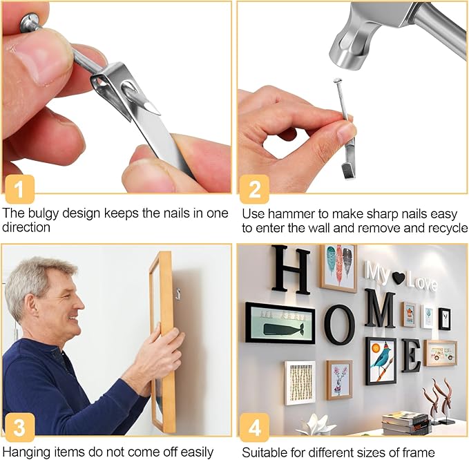 184 Pieces Picture Hanging Kit, 20lb, 30lb, and 50lb Picture Hangers, Metal Picture Hanging Hooks with Nails, on Drywall, Wooden Wall (Silver)