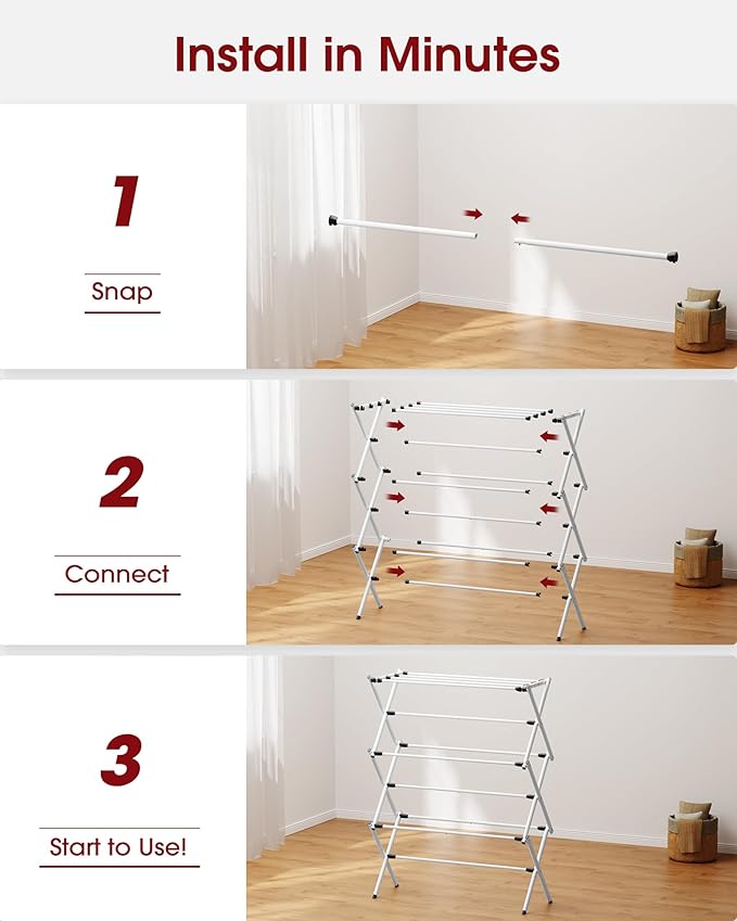 Foldable Clothes Drying Rack – Metal Laundry Drying Rack with Non-Slip Feet, 3-Tier Space-Saving Clothing Rack for Organization, Indoor & Outdoor Use, 11.4"D x 29.1"W x 37.4"H, White and Black