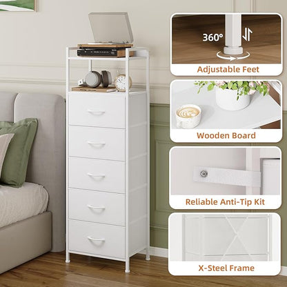Somdot Tall Dresser for Bedroom,5 Drawers Nightstand Vertical Storage Tower Unit, Night Stand Furniture with Fabric Drawer Organizer in Bedside Hallway, Entryway, Nursery, Closet