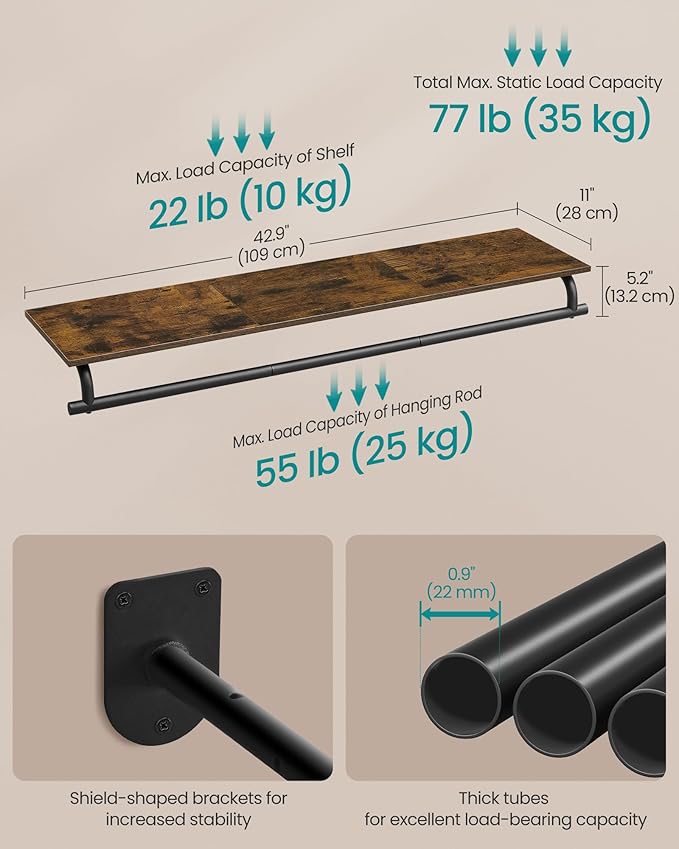 SONGMICS Clothes Rack with Top Shelf, Wall Mounted Clothing Rack, with Hanging Rod, Loads up to 77 lb, 11 x 42.9 x 5.2 Inches, Entryway, Bedroom, Closet, Rustic Brown and Ink Black UHSR135B01