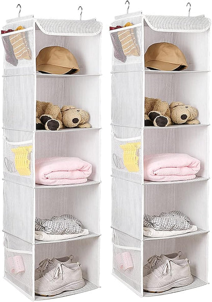 5 Shelves Hanging Closet Organizer, 2 Pack Hanging Storage with 6 Side Pockets for Clothes Shoes, 43"x12"x12"(Strip)