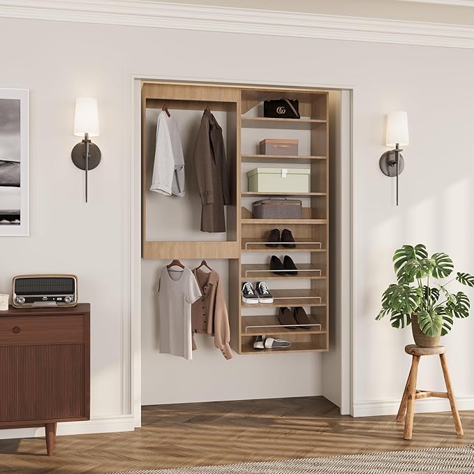 ROOMTEC Modular Closet System, 55" Wall Mounted Closet Organizer with Hanging Rods and Shoe Shelf, Wooden Tower for Walk-In Closets, Wardrobe Storage Kit, Wood
