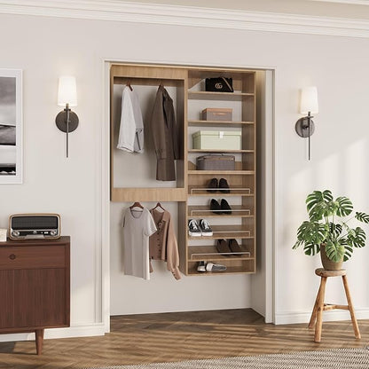 ROOMTEC Modular Closet System, 49" Wall Mounted Closet Organizer with Hanging Rods and Shoe Shelf, Wooden Tower for Walk-In Closets, Wardrobe Storage Kit, Wood