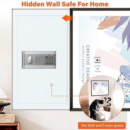 25.6" Tall Fireproof Wall Safes Between the Studs 16" Centers, Hidden Wall Safe with 2 Removable Shelf & Hidden Tray, Heavy Duty Wall Mount Safe for Money, Jewelry, Passport, Valuables(White)