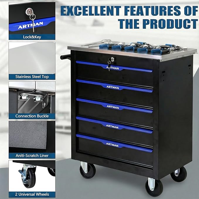 5-Drawer Rolling Tool Chest with Stainless Steel Countertop,Tool Chest with Secure Locking System,Mobile Storage Tool Cabinet with 360°Wheels and Padded Feet,for Home,Garage (Black+Blue)
