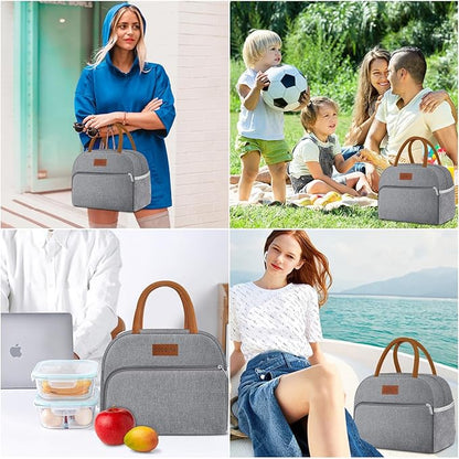 Coobiiya Lunch Bag Lunch Box for Women Men,Small Leakproof Cute Lunch Tote Large Capacity Reusable Insulated Cooler Lunch Container for Work/Office/Picnic/Beach，Grey
