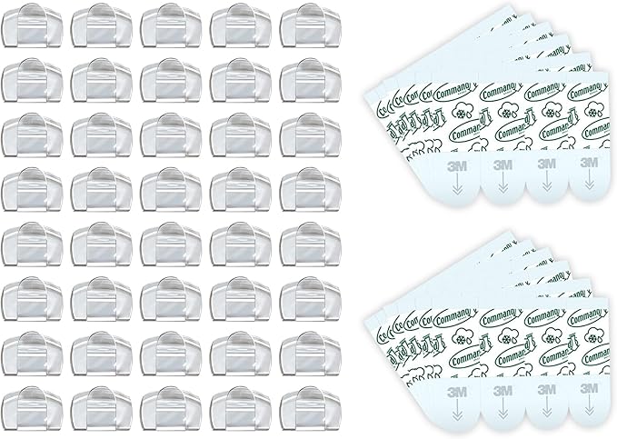 Command Outdoor Light Clips, 40 Clear and 48 Strips, Damage Free Hanging with Weather Resistant Strips, Wall Clips for Hanging Outdoor Lights and Cable Management
