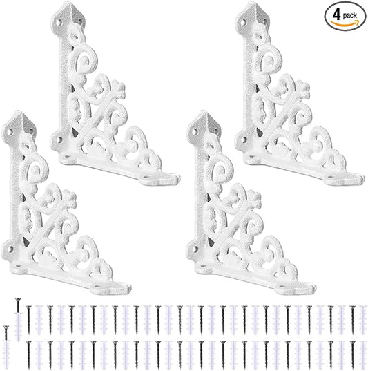 Blulu 4 Pack Antique Style Cast Iron Shelf Brackets Decorative Brackets 3 7/8" x 3 7/8" Wall Mount Shelving Bracket Heavy Duty Victorian Style Shelf(White)