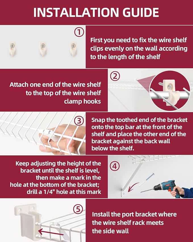 6 Packs Support Brackets for Wire Shelving, Closet Support Brackets with Anchors and Screws, Wire Closet Shelving Accessories for Wardrobe and Wall Bracket(Only include 6pack Support Brackets)