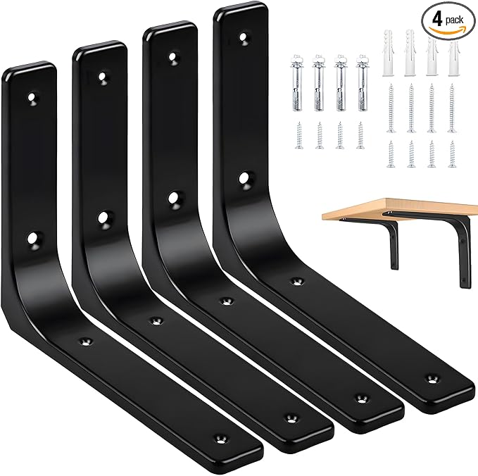 10" x 8" Metal Shelf Brackets, Heavy Duty L Hanging Angle Brackets, Iron Wall Bracket for Countertop Support, Corner Brace Joint, Black, 4 PCS