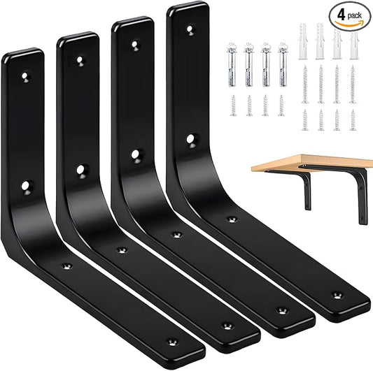 12" x 10" Metal Shelf Brackets, Heavy Duty L Hanging Angle Brackets, Iron Wall Bracket for Countertop Support, Corner Brace Joint, Black, 4 PCS