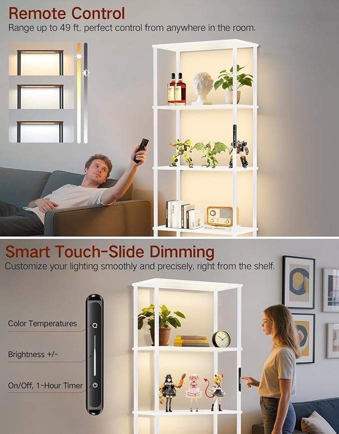5 Tier Bookshelf with LED Light, Dimmable Bookcase with Touch & Remote Control, 3 Color Temperatures, Tall Modern Display Standing Shelf for Living Room, Bedroom, Home Office (White)