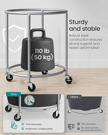 SONGMICS 50.2-Gallon (190 L) Laundry Basket with Wheels, Rolling Round Heavy-Duty Laundry Hamper Cart with Steel Frame and Removable Bag, 2 Locking Wheels, Ink Black and Metallic Silver URLS001B01