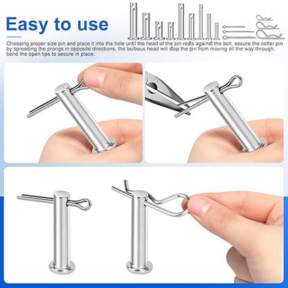150PCS Premium 304 Stainless Steel Clevis Pins Cotter Pins R Clips Assortment Kit, 15 Sizes Single Hole Flat Head Cotter Clips Fasteners for Trailer Hitch, Automotive, Machinery Use