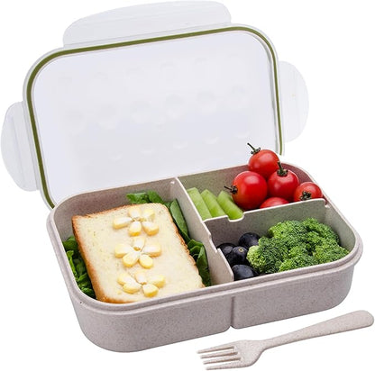 Wheat Straw Lunch Box, Leakproof 3-Compartment Bento Box for Kids & Adults, BPA-Free Lunch Containers, Microwave & Dishwasher Safe, 5.5 Cup (White)