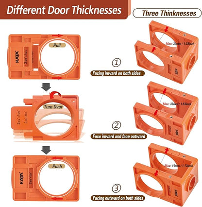 KATA 1-3/8" - 1-3/4" Door Lock Installation Kit with Large Chip-Clearance Slots, Door Lock Hole Saw for Deadbolts and Locksets for Wooden Doors with Guide Template, Carbon Steel, Orange