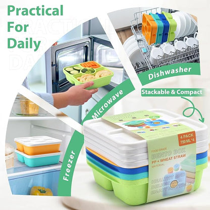 QQKO Bento Snack Box Containers for Adults Kids, 4 Pack Lunchable Meal Prep Containers Reusable, Stackable Bento Lunch Box, Food Storage Prep Containers with 4 Sauce Cups, Jewel Color, White Lid