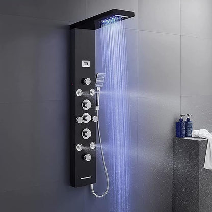 POPFLY 6 In 1 LED Shower Panel Tower System, 8 Body Massage Jets, 304 Stainless Steel Wall Mount Rainfall ＆ Waterfall Shower Column Towers with Temperature Display, Tub Spout, Black
