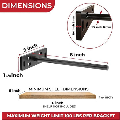 Set of 4 Floating Shelf Brackets Heavy Duty (1/4 inch Thick Baseplate) Painted Black Mild Steel/ Bracket for Hidden Wall Shelves Support Hardware Mount Kitchen/Nursery Decor (8 inch Rods)
