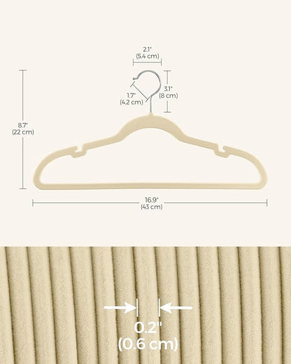 SONGMICS Velvet Hangers 50 Pack, Non-Slip Clothes Hangers, Suit Hangers with Shoulder Notches, Pants Bar, 360° Swivel Hook, Space-Saving, for Closet, Sand Beige UCRF029K05