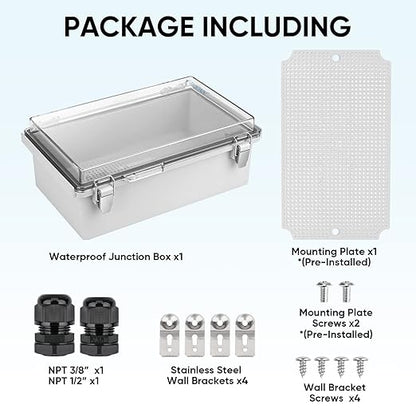 TICONN Outdoor Electrical Box Waterproof, Junction Box IP67 ABS Plastic Enclosure with Hinged Cover with Mounting Plate, Wall Brackets, Cable Glands (Clear, 10.2"x6.3"x3.9")